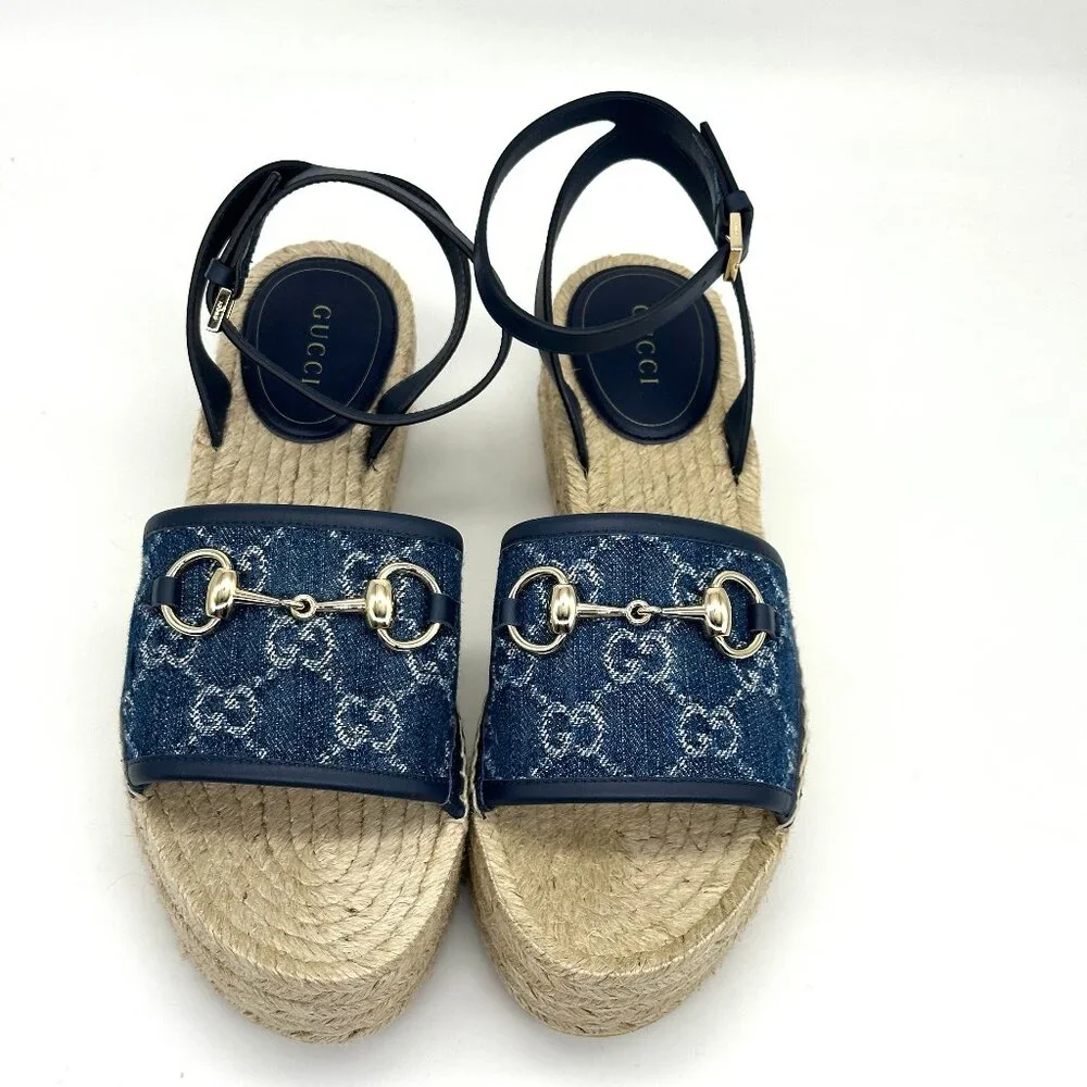 Gucci Paloma Horsebit GG Platform Espadrille Wedge Heel Ankle Strap Sandals - Picture 7 of 15